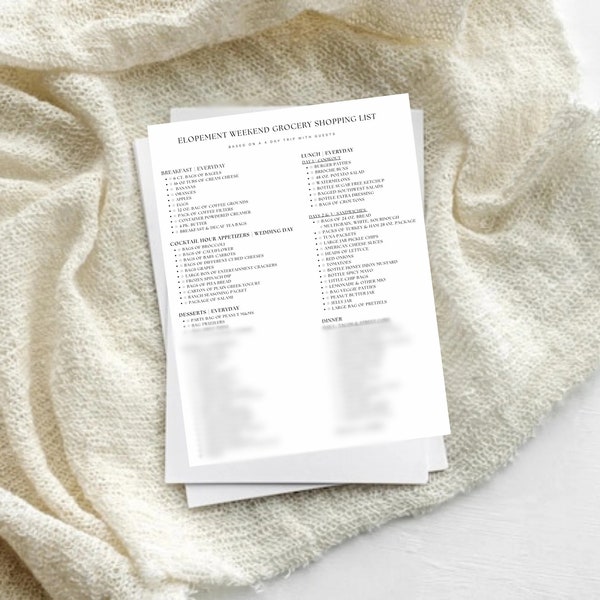 Elopement/Wedding Grocery List Template for Every Meal Including Wedding Day | ADHD Friendly