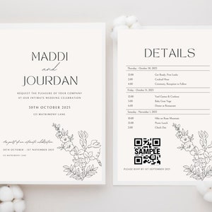 May include: A wedding invitation with a black and white floral design. The invitation is for Maddi and Jourdan and is for their wedding on October 30, 2025. The invitation includes details about the wedding ceremony, reception, and other events.