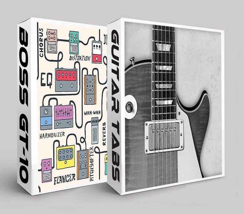 May include: A white box with the text "BOSS GT-10" in black and a colorful illustration of guitar pedals. The box is next to a white box with the text "GUITAR TABS" in black and a black and white image of an electric guitar.