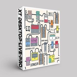 May include: A colorful illustration of a variety of guitar effects pedals, including chorus, drive, distortion, EQ, wah-wah, harmonizer, flanger, pitch shifter, reverb, delay, and octaver. The pedals are connected by cables and arranged in a circular pattern. The text "XT DESKTOP-LIVE-PRO" is written vertically on the left side of the image.