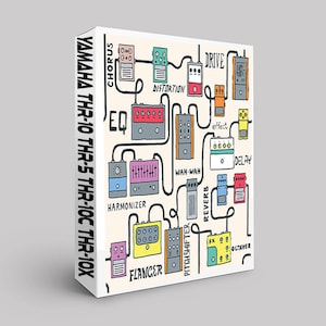 Puede incluir: Una caja blanca con el texto "YAMAHA THR-10 THR-5 THR-10C THR-10X" impreso en el lateral. La caja presenta una ilustración colorida de varios pedales de efectos para guitarra, incluyendo chorus, drive, distorsión, ecualizador, armonizador, flanger, pitch shifter, wah-wah, reverberación, delay y octavador.