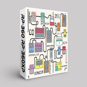 Può includere: Un'illustrazione colorata di un pedalboard per chitarra con vari effetti, tra cui chorus, drive, distorsione, equalizzatore, wah-wah, armonizzatore, flanger, pitch shifter, riverbero, delay e octaver. I pedali sono collegati da cavi ed etichettati con i loro nomi.