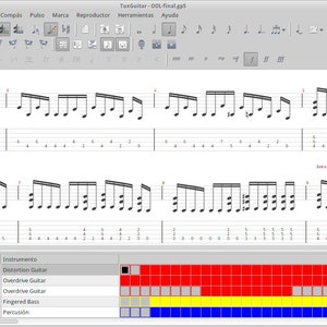 May include: A screenshot of a music notation software program with a musical score displayed on the screen. The score is for a song called "DOL-final.p" and includes a guitar track, a bass track, and a drum track. The software has a timeline at the bottom of the screen that shows the duration of each track.