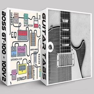 Pode incluir: Uma caixa branca com uma imagem em preto e branco de uma guitarra na frente. A caixa é etiquetada como "Guitar Tabs". A parte de trás da caixa tem uma ilustração colorida de pedais de guitarra e o texto "BOSS GT-100 - 100V2".