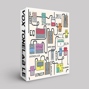 Può includere: Un'illustrazione colorata di un pedale di effetti per chitarra Vox Tonelab LE con vari pedali di effetti collegati da cavi. I pedali di effetti includono chorus, drive, distorsione, equalizzatore, armonizzatore, flanger, pitch shifter, riverbero, delay, wah-wah e octaver.