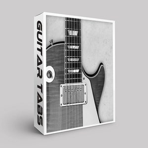 Puede incluir: Una imagen en blanco y negro de una guitarra con el texto "GUITAR TABS" impreso verticalmente en el lateral.