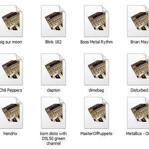 May include: A collection of 18 folder icons, each with a different image of a guitar pedal. The icons are arranged in a grid of 3 rows and 6 columns. The icons are all the same size and shape, and they are all white with a black border.