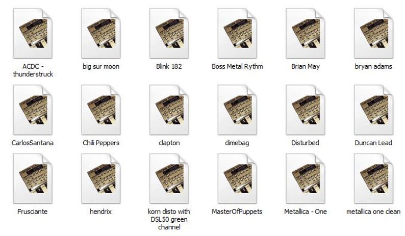 May include: A collection of 18 folder icons, each with a different image of a guitar pedal. The icons are arranged in a grid of 3 rows and 6 columns. The icons are all the same size and shape, and they are all white with a black border.