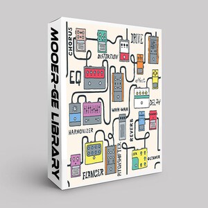 Puede incluir: Una ilustración colorida de un pedal de guitarra con varios efectos, incluyendo coro, overdrive, distorsión, ecualizador, wah-wah, delay, reverberación, flanger y pitch shifter. Los pedales están conectados por cables y el texto "MOOER-GE LIBRARY" está en el lateral.