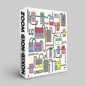 Könnte beinhalten: Eine farbenfrohe Illustration eines Zoom G1on-G1xon Multieffekt-Pedals mit verschiedenen Effektpedalen, darunter Chorus, Drive, Distortion, EQ, Harmonizer, Flanger, Pitch Shifter, Reverb, Delay, Wah-Wah und Octaver.