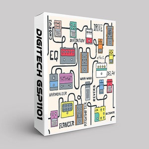 Può includere: Una scatola bianca con il testo "DIGITECH GSP1101" stampato verticalmente sul lato. La scatola presenta un'illustrazione colorata di vari pedali per effetti per chitarra, tra cui chorus, drive, distorsione, equalizzatore, armonizzatore, flanger, pitch shifter, wah-wah, riverbero, delay e octaver.