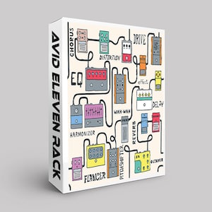 Può includere: Un'illustrazione grafica di un pedale per chitarra con vari effetti, tra cui chorus, drive, distorsione, equalizzatore, wah-wah, armonizzatore, flanger, pitch shifter, riverbero, delay e octaver. I pedali sono collegati da cavi e sono etichettati con i rispettivi effetti. Il testo "AVID ELEVEN RACK" è stampato sul lato del pannello.