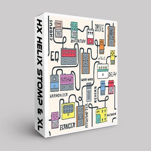 Puede incluir: Una ilustración colorida de varios pedales de efectos de guitarra, incluyendo chorus, drive, distorsión, ecualizador, armonizador, flanger, pitch shifter, reverberación, delay, wah-wah y octaver. Los pedales están conectados por líneas que representan cables de audio. El texto "HX STOMP & XL" está escrito verticalmente en el lado izquierdo de la imagen.