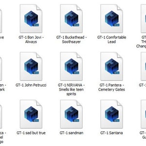 May include: A grid of 18 blue and white icons representing different guitar tones. Each icon has a white background and a blue 3D cube with the text "GT-1" on it. The icons are labeled with the name of the guitar tone, such as "AC/DC", "Audioslave", "Bon Jovi", and "Buckethead".