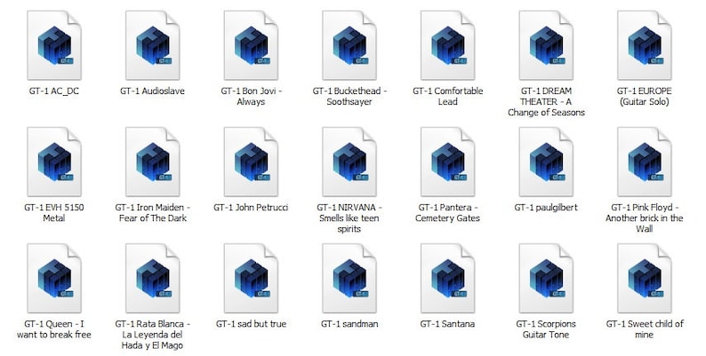May include: A grid of 18 blue and white icons representing different guitar tones. Each icon has a white background and a blue 3D cube with the text "GT-1" on it. The icons are labeled with the name of the guitar tone, such as "AC/DC", "Audioslave", "Bon Jovi", and "Buckethead".