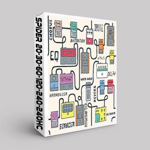 Puede incluir: Una ilustración colorida de varios pedales de efectos de guitarra, incluyendo chorus, drive, distorsión, ecualizador, delay, wah-wah, armonizador, flanger, pitch shifter, reverb y octaver. Los pedales están conectados por cables y dispuestos en un patrón circular. El texto "SPIDER 20-30-60-120-240-240HC" está impreso en el lateral de la imagen.