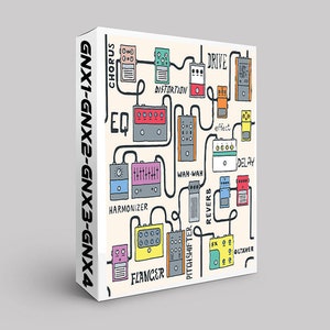 Puede incluir: Una caja blanca con una colorida ilustración de varios pedales de efectos de guitarra, incluyendo chorus, distortion y delay. El texto "GNX1-GNX2-GNX3-GNX4" está impreso en el lateral de la caja. La ilustración presenta una red de pedales interconectados.