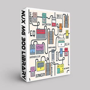 Puede incluir: Una caja blanca con el texto "NUX MG 300 LIBRARY" en el lateral. La caja presenta una ilustración colorida de varios pedales de efectos para guitarra, incluyendo chorus, drive, distorsión, ecualizador, wah-wah, delay, reverb, pitch shifter, flanger y octavador.