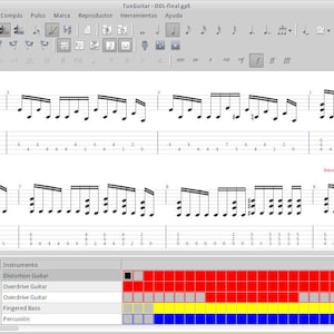 May include: Screenshot of a music notation software program with a musical score displayed. The score includes two staves with notes and a time signature of 4/4. The software interface includes a toolbar with various icons and a track list with the names "Riff 1", "Riff 2", "Solo", "Bajo", and "Bateria".