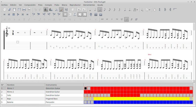 May include: Screenshot of a music notation software program with a musical score displayed. The score includes two staves with notes and a time signature of 4/4. The software interface includes a toolbar with various icons and a track list with the names "Riff 1", "Riff 2", "Solo", "Bajo", and "Bateria".