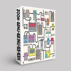 Peut inclure: Une illustration colorée d'une pédale d'effets multiples Zoom G2.1Nu-G3-G3X avec une variété de pédales d'effets, y compris chorus, drive, distorsion, égaliseur, harmoniseur, flanger, pitch shifter, wah-wah, réverbération, delay et octaver.