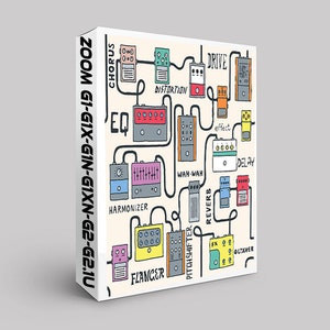 Può includere: Un'illustrazione colorata di un pedale multi-effetto per chitarra Zoom G1X con una varietà di pedali di effetti collegati ad esso, tra cui chorus, drive, distorsione, equalizzatore, armonizzatore, flanger, pitch shifter, wah-wah, riverbero, delay e octaver.