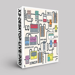 Può includere: Un'illustrazione colorata di una varietà di pedali per effetti di chitarra, tra cui chorus, drive, distorsione, equalizzatore, armonizzatore, flanger, wah-wah, riverbero, delay, pitch shifter e octaver. I pedali sono collegati da cavi e disposti in un cerchio. Il testo "X3-DESKTOP-LIVE-PRO" è stampato sul lato dell'immagine.