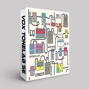 Può includere: Un'illustrazione colorata di un pedale per effetti per chitarra Vox Tonelab SE con una varietà di pedali per effetti collegati ad esso, tra cui chorus, drive, distorsione, equalizzatore, armonizzatore, flanger, pitch shifter, riverbero, delay, wah-wah e octaver.