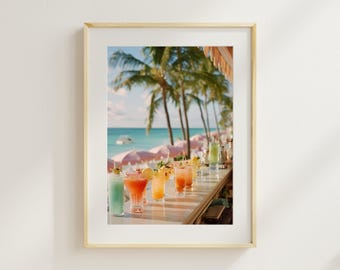 Tropical Cocktail Bar Print | Beach Drinks Wall Art | Coastal Summer Decor | Palm Tree Ocean Poster | Vacation Home Beach Photography