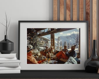 May include: Framed print of a winter scene with people relaxing indoors. The artwork depicts a group of people in ski attire, enjoying drinks with a snowy mountain backdrop visible through a large window. A Christmas tree is visible.
