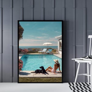 Luxury Slim Aarons-Inspired  Poolside Wall Art – Woman Relaxing with Dog by Ocean Pool | Coastal Glamour Print | Vintage Summer Vibes