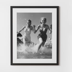 Vintage Beach Fun – Black & White Women Running in the Waves Wall Art, Coastal Retro Photography Digital Download, Vintage Photography Print