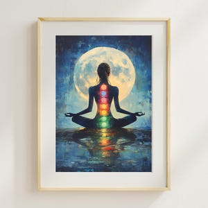 Chakra Meditation Wall Art | Moonlight Yoga Silhouette Digital Print | Spiritual Home Decor | Chakra Alignment Poster | Instant Download