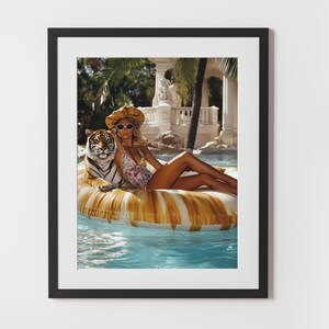 Vintage Leopard Lounge Poolside – Bold Retro Glam Digital Wall Art | Palm Springs Tigers Pool Art | Vintage Summer Vibes