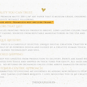May include: Text on a cream-colored background with a gold heart graphic. The text describes the quality of the art prints, including the paper type, color longevity, and unique artistry. It also mentions tracked shipping and a customer-centric approach.