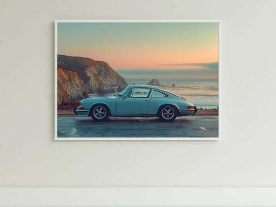 PORSCHE 911 アートパネル livli.diamonddesign Teal Porsche 911 Wall Art | Vintage Coastal Print | Mid-century