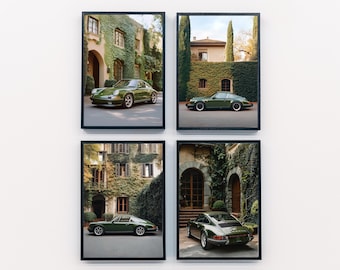 May include: Four framed prints showing green vintage sports cars parked outside buildings with ivy. The cars are dark green, and the frames are black. The prints are displayed on a white wall.