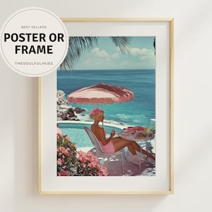 May include: Framed print featuring a woman in a pink swimsuit and hat, seated by a pool with a pink umbrella, overlooking the ocean. The print includes the text "POSTER OR FRAME" and "BEST SELLERS" in a circular design.