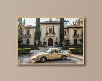 Porsche Villa Wall Art | Luxury Car Photography | Mediterranean Estate Poster | Classic Auto Decor | Digital Download