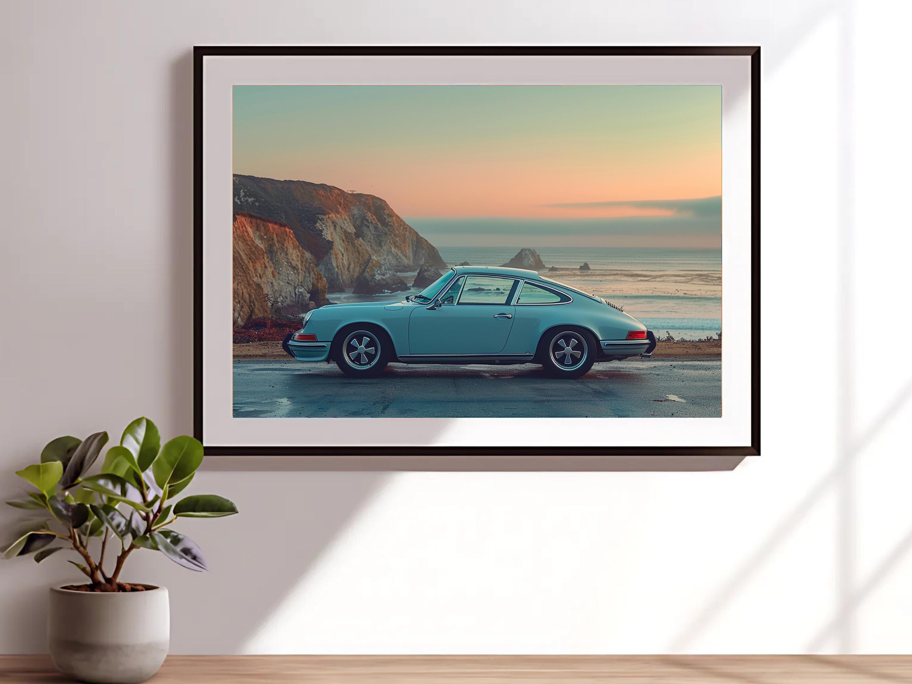 Teal Porsche 911 Wall Art | Vintage Coastal Print | Mid-century