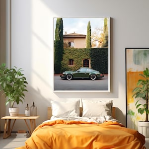 Elegant photograph of a green Porsche 911 parked in front of an ivy-covered Italian villa with cypress trees — luxury car wall art print.