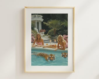Elegante cena social à beira da piscina – Arte de parede retrô inspirada em Slim Aarons | Decoração de piscina do Palm Springs Tigers