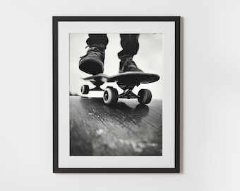 Monochrome Skateboard Wall Art - Close-Up Motion Poster Print | Modern Skateboarding Decor for Boys Room