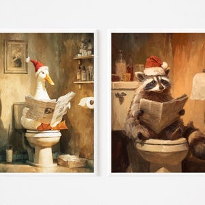 Funny Christmas Bathroom Wall Art Set– Duck & Raccoon Reading Print | Quirky Holiday Animal Decor