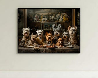 Impression d'art mural pour la dernière cène de chien | Décoration drôle de chien | Portrait d'animal de compagnie Renaissance | Oeuvre d'art animalière de luxe | Cadeau salle à manger