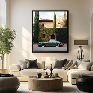 Elegant photograph of a green Porsche 911 parked in front of an ivy-covered Italian villa with cypress trees — luxury car wall art print.