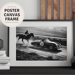 Vintage Porsche Racing Wall Art Print, Classic Car Photography Poster, Black and White Sports Car Decor, Horse Racing Automotive Art