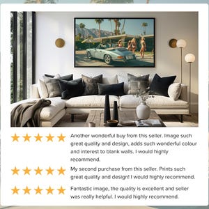 May include: A framed print featuring a vintage car and figures in a desert landscape, displayed above a white sectional sofa with black and gray pillows. The room includes a wooden coffee table, decorative vases, and a modern floor lamp.