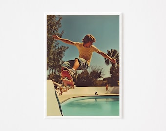 Skateboarder Pool Jump Wall Art - Mid-Air Skateboarding Print | Modern Minimalist Kids Room Decor