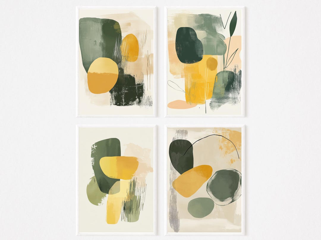 Abstract Wall Art Set - Green & Mustard Yellow Boho Prints (digital ...
